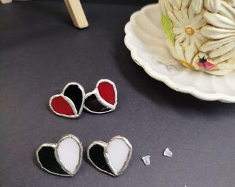 Handmade Stud Earrings heart, stained glass Black & Red heart romantic jewelry, Gift for Sister