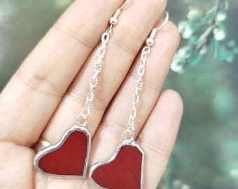 Long hearts earrings, handmade stained glass red earrings, gift for sister
