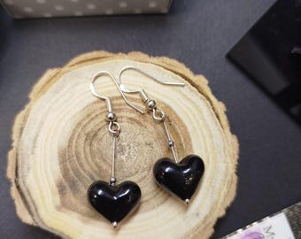 Earrings Black Hearts, Murano Glass Handmade Jewelry, Delicate Earrings Classic Style