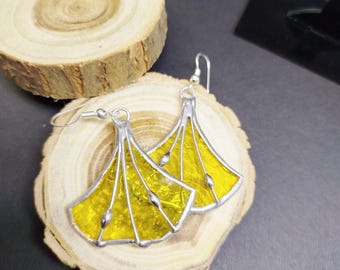 Yellow Ginkgo Leaf Stained Glass Earrings, Handmade Botanical Dangle Jewelry