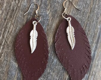 Feather Earrings, Brown Leather with Sterling Silver Feather Accent