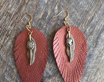 Feather Earrings, Copper Metallic Faux Leather with metal feather accent