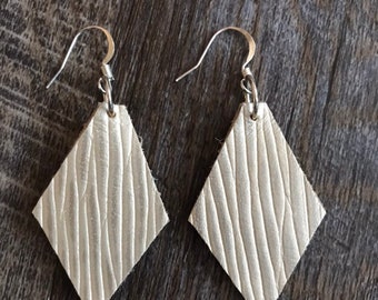 Diamond Shaped, Silver, Patterned Leather Earrings