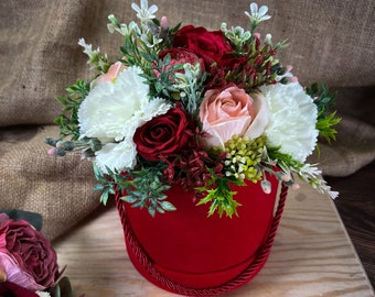 Personalised Valentine's Artificial Rose Arrangement in Red Velvet Hat Box
