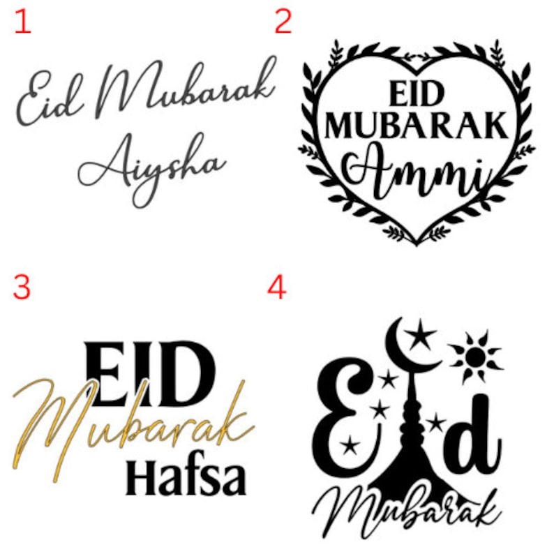 Pode incluir: Quatro designs diferentes para sauda&ccedil;&otilde;es de Eid Mubarak. O primeiro design &eacute; texto preto que diz "Eid Mubarak Aiysha". O segundo design &eacute; um cora&ccedil;&atilde;o preto com uma coroa ao redor que diz "EID MUBARAK Ammi". O terceiro design &eacute; texto preto que diz "EID Mubarak Hafsa" com um "Mubarak" cursivo dourado. O quarto design &eacute; uma silhueta preta de uma mesquita com uma lua crescente e uma estrela em cima. O texto diz "Eid Mubarak" em preto.