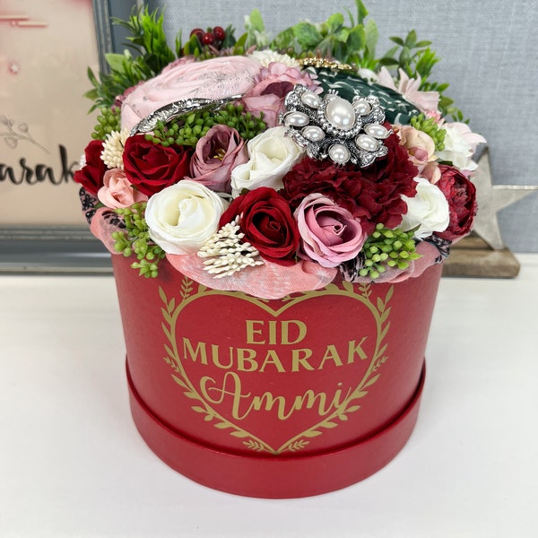 Personalised Eid Scarf and Brooch Gift Set, Hijab Gift box, Artificial Flowers Bouquet , Ramadan Kareem Gift, Personalised Gift Box