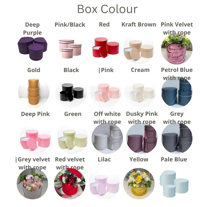 Pode incluir: Um gr&aacute;fico que mostra diferentes cores de caixas de presente redondas com tampas. As cores incluem roxo escuro, rosa e preto, vermelho, marrom kraft, veludo rosa com corda, dourado, preto, rosa claro, creme, azul petr&oacute;leo com corda, rosa escuro, verde, branco quebrado com corda, rosa empoeirado com corda, cinza com corda, veludo cinza com corda, veludo vermelho com corda, lil&aacute;s, amarelo e azul claro.