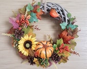 Rustic Farmhouse Halloween Fall Wicker Wreath Year Round Front Door Wreath with Pumpkin,Leaves,Bird and Pinecones Welcome Autumn Round Sign