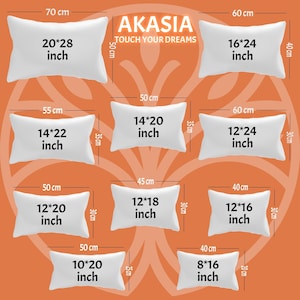 May include: A chart showing different sizes of pillow covers in inches. The pillow covers are white and rectangular. The chart is on a peach background with a floral pattern. The text "AKASIA TOUCH YOUR DREAMS" is at the top of the chart.
