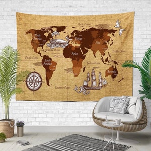 Old World Map Fabric Wall Tapestry|Old World Map Wall Hanging Art|Vintage Ancient World Map Fabric Wall Art|Boho Style Oceans Fabric Decor