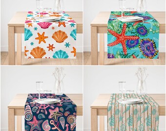 Beach Vacation Table Runner I Wish Upon A Starfish Coral by lisakling Modern Nautical Cotton Sateen Table Runner by Spoonflower