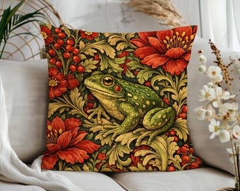 Whimsical Botanical Frog Cushions Case|Red, Purple & Golden Blooms Pillow Cover|Animal Print Sofa Cushion Case