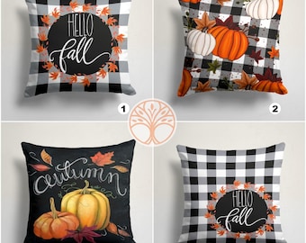 Fall Trend Pillow Cover|Orange Pumpkin Throw Pillow Top|Autumn Cushion Case|Hello Fall Cushion Case|Farmhouse Style Buffalo Plaid Pillow Top