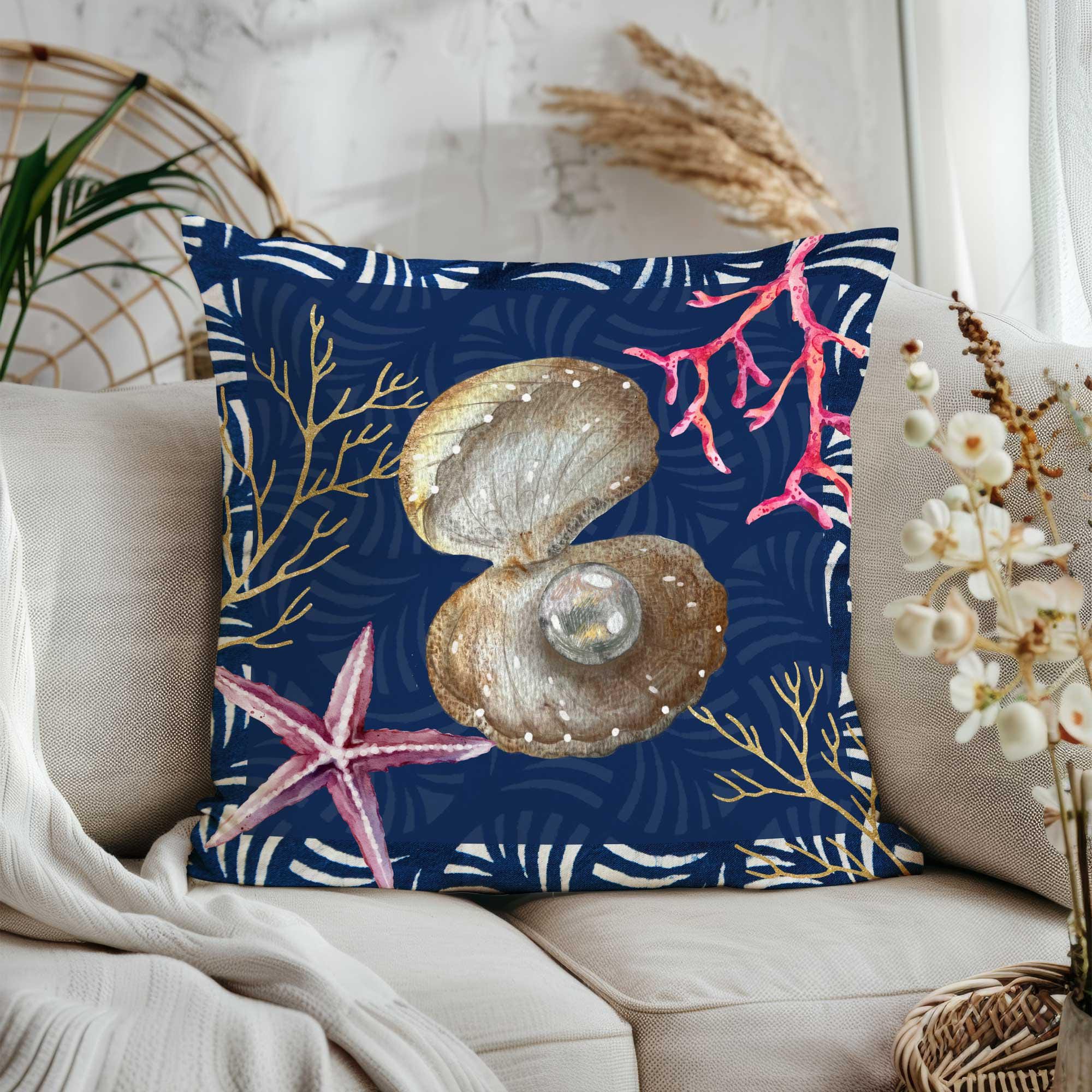 Pearl Oyster Cushion Case|nautical Wildlife Cushion Cover|navy