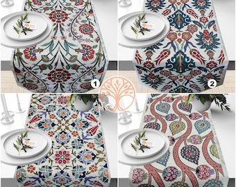 Tile Pattern Tapestry Table Runner|Tulip Tile Pattern Fabric Runner|Authentic Gobelin Decor|Farmhouse Style Table Decor|Floral Tablecloth