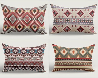 Rug Design Pillow Cover|Terracotta Southwestern Cushion Case|Rectangle Aztec Print Lumbar Pillow|Farmhouse Style Geometric Lumbar Pillowcase