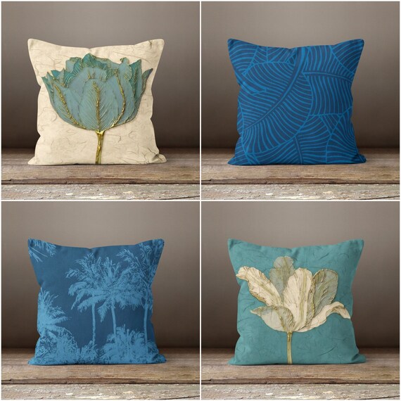 Bluish Floral Pillow Coversummer Trend Pillow Casedecorative Throw