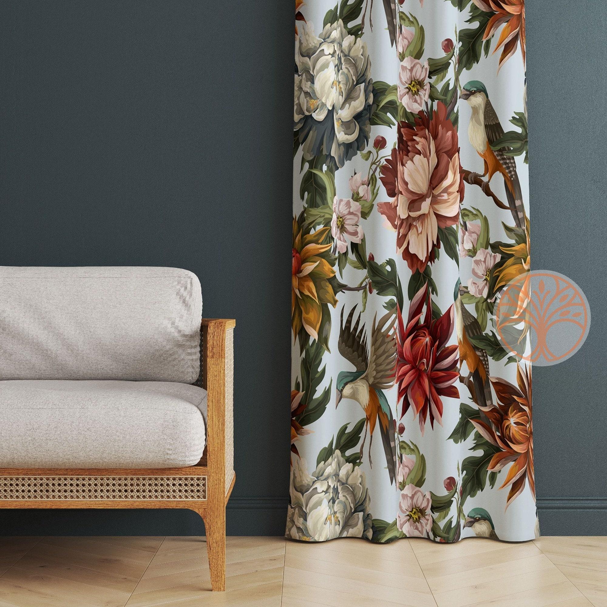 Decorative Floral Curtain|Thermal Insulated Floral Window Treatment|Flower Painting Home Decor|Floral Bird Decor|Rustic Living Room Curtain