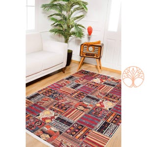 Ethnic Patchwork Rug|Machine-Washable Non-Slip Rug|Southwestern Pattern Washable Carpet|Decorative Area Rug|Multi-Purpose Anti-Slip Carpet