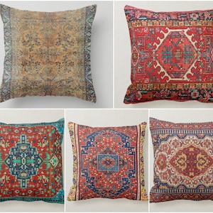May include: Set of five throw pillows featuring different patterns inspired by traditional Turkish rugs. The pillows have a red, blue, and beige color scheme with intricate geometric designs.
