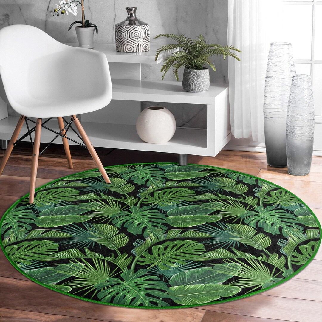 Tropical Plants Round Rug|non-slip Round Carpet|farmhouse Green Leaves ...