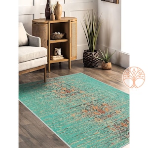Tapete Turquesa | Tapete Étnico Antiderrapante Lavável à Máquina | Tapete Decorativo Abstrato para o Chão | Tapete Boho para Sala de Estar | Tapete Antiderrapante Multiuso