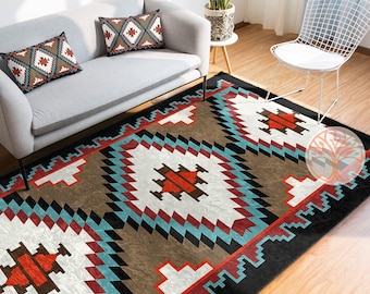 Rug Design Carpet|Southwestern Carpet|Rustic Pattern Machine-Washable Non-Slip Rug|Aztec Fringed Anti-Slip Floor Mat|Ethnic Geometric Decor