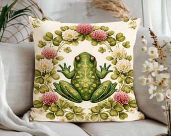 Charming Frog Pillow Sham|Tulips, Daisies & Blossoms Print Pillow Cover|Animal Print Sofa Cushion Case|Floral Watercolor Throw Pillow Case