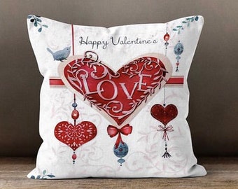 Set Di 2 Federe Per Cuscini 45x45 Cm San Valentino - Scritta Happy Valentine's Day Con Cuore Rosso - Lino Di Cotone - Decorazione Romantica Per Divano E Letto