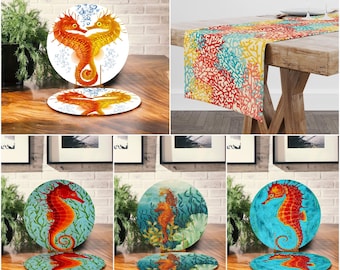 Seahorse Placemat & Table Runner|Nautical Table Top|Set of 2 Seahorse Supla Table Mat|Round American Service Dining Underplate and Coasters