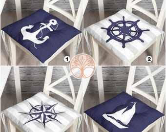 Gezwollen stoelkussen|Marineblauw nautisch zitkussen met stropdassen|Ankerwiel, kompas en zachte stoelmat zeilboot|Coastal Outdoor-zitkussen