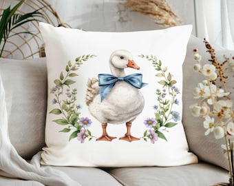 Goose with Ribbon Pillow Cover|Animal and Flower Print Sofa Cushion Case|Farmhouse Goose Print Throw Pillow Case