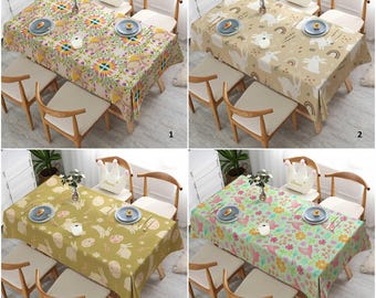 Bunny Print Easter Tablecloth|Spring Tabletop with Bird|Farmhouse Tablecloth|Rustic Kitchen Decor|Egg Print Table Cover