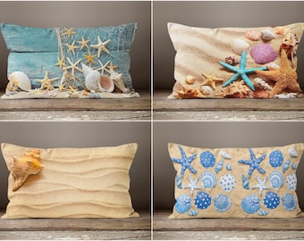 Beach House Pillow Case|Coastal Lumbar Pillow Cover|Rectangle Nautical Cushion|Coastal Lumbar Pillow|Seashell Home Decor|Nautical Pillow Top