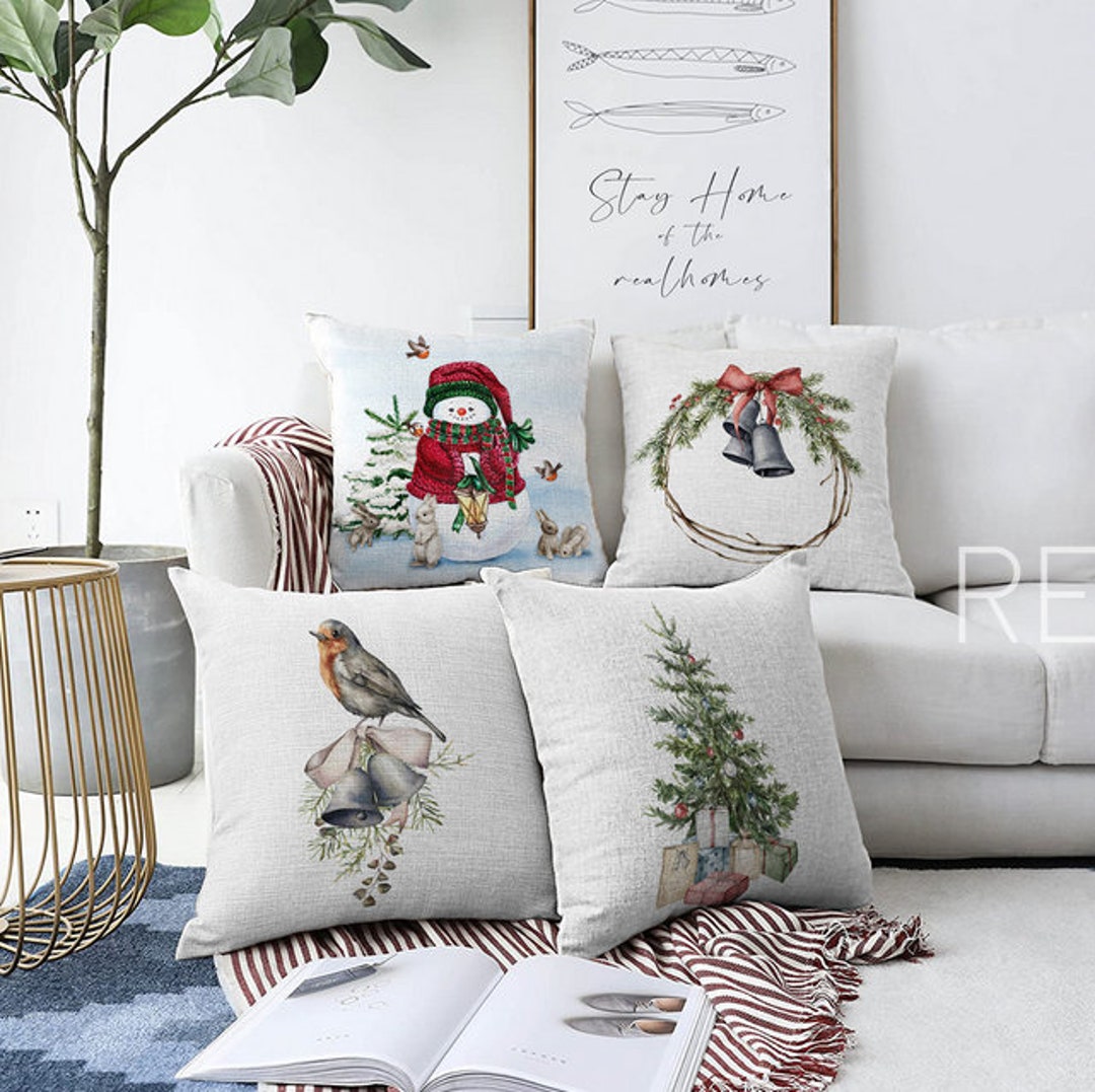 Set of 4 Christmas Pillow Coverssnowman and Rabbits Pillowwinter Trend  Cushion Casexmas Bell and Bird Throw Pillowchristmas Tree Cushion 