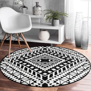 Nordic Scandinavian Round Rug|Non-Slip Carpet|Southwestern Circle Carpet|Rug Design Area Rug|Aztec Print Ethnic Decor|Multi-Purpose Area Mat