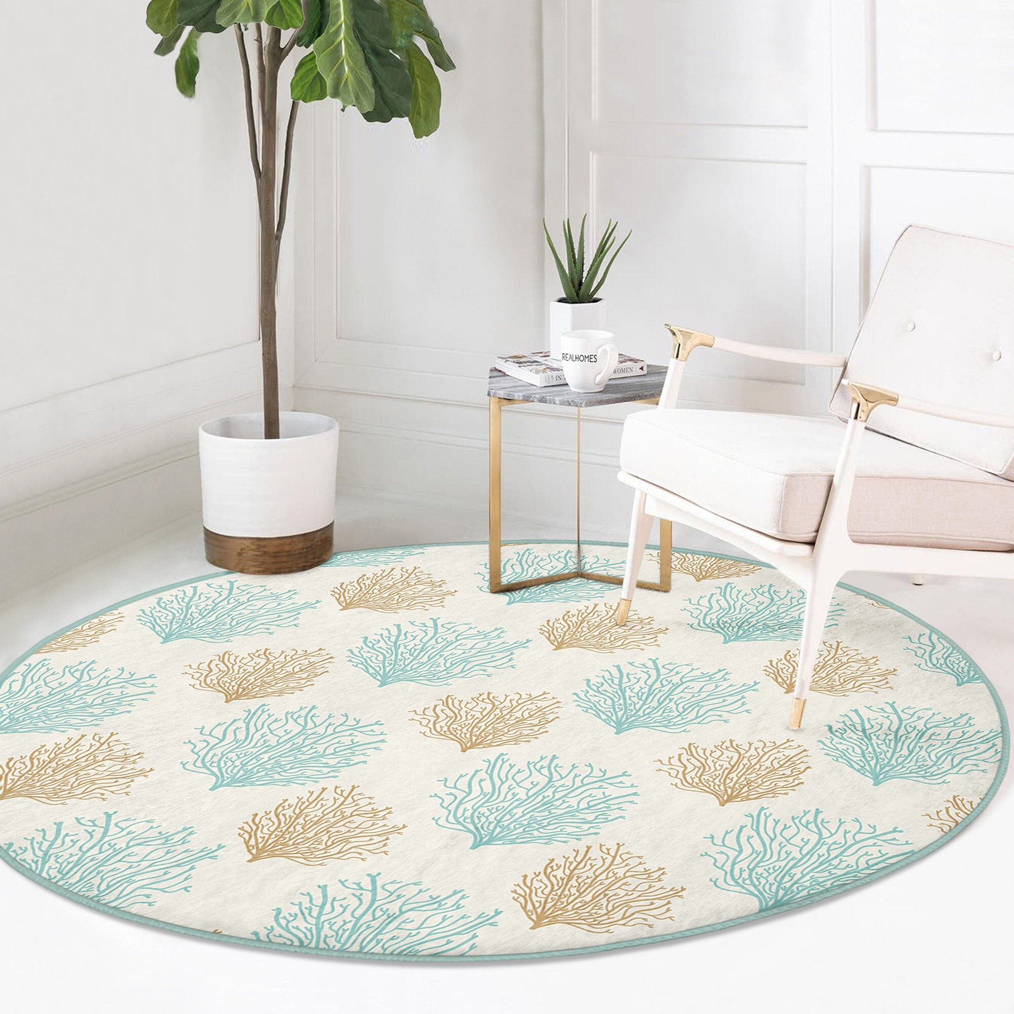 Beach House Round Rug|non-slip Round Carpet|beige Turquoise Starfish ...