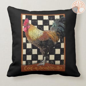 May include: A black and white checkered background with a rooster in the center. The rooster is brown, yellow, and black with a red comb. The text "Cog-a-doodle-do" is below the rooster.