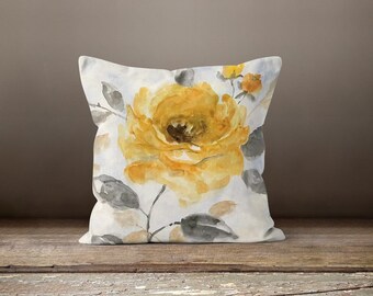 COZZSNUGE Watercolor Floral Throw Pillow Covers – Set Of 4 Grey Yellow Farmhouse Velvety Pillowcases, 18x18 Inches