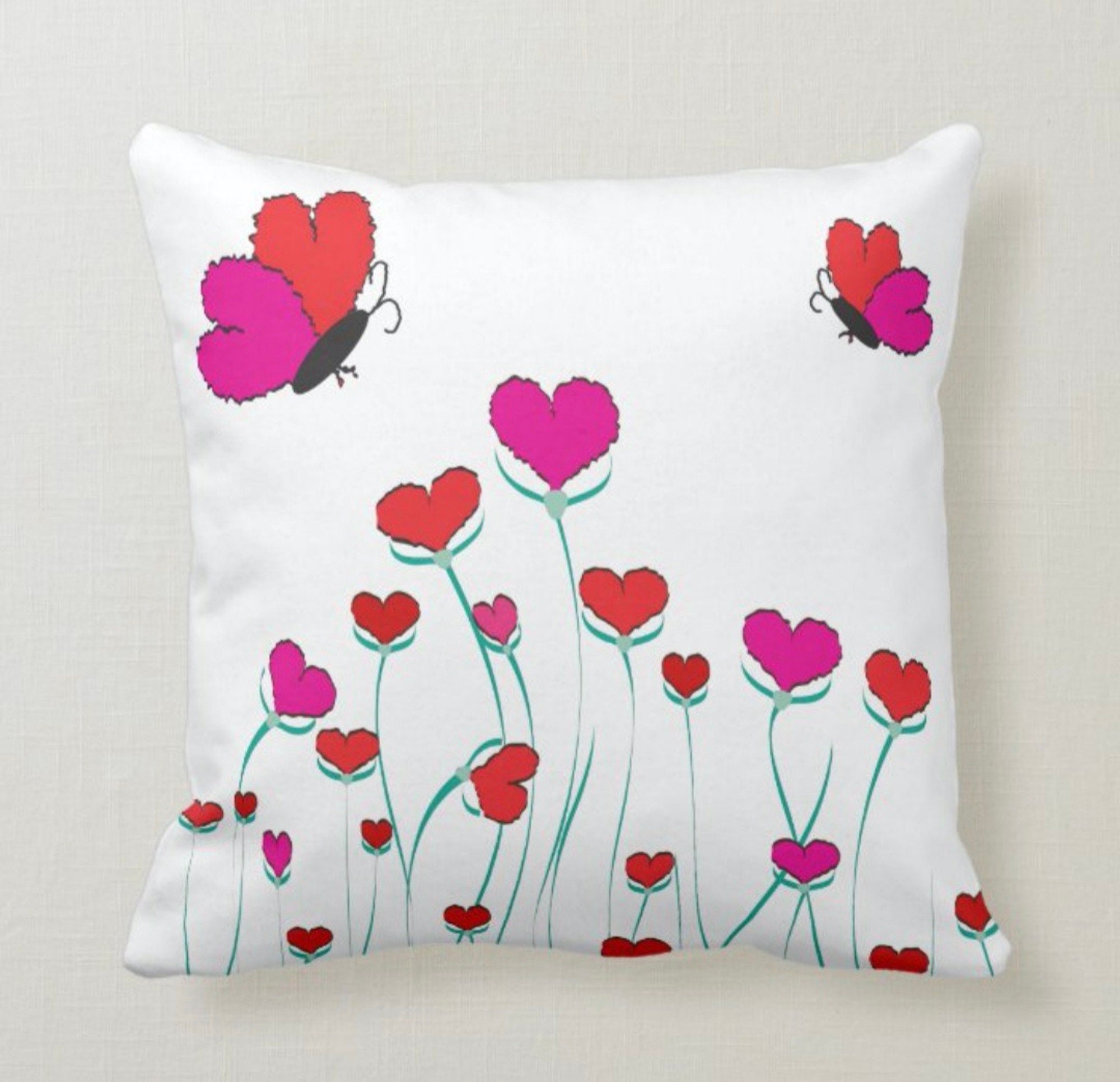 Love Throw Pillow Coverred Pink Butterfly and Heart Flower 