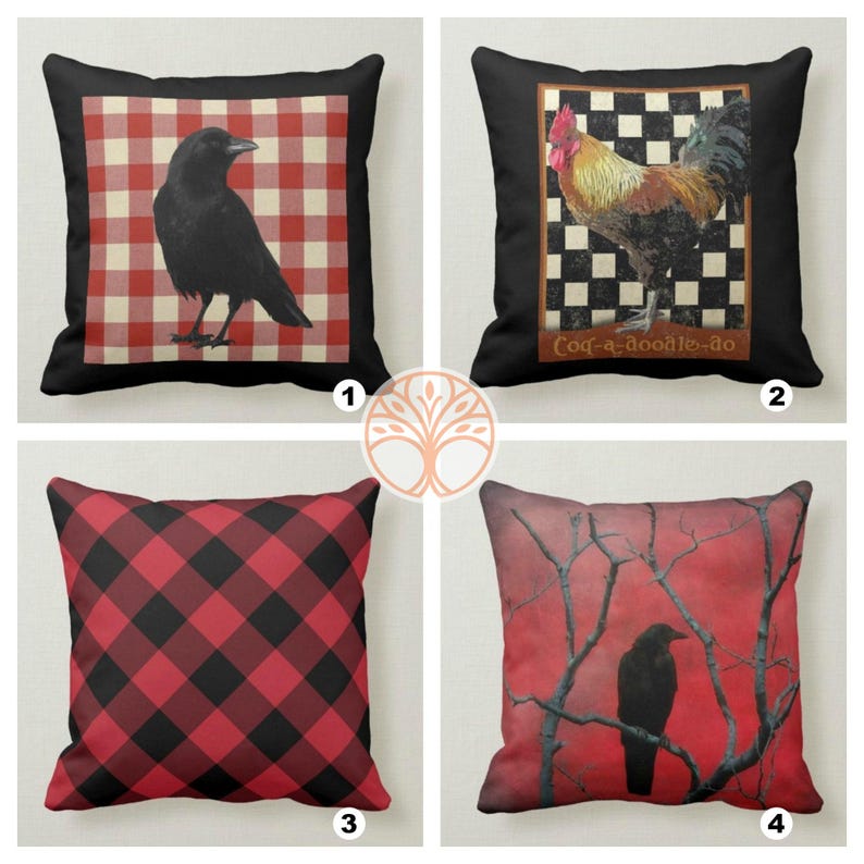 May include: Four different throw pillow designs featuring a black crow, a rooster, a red and black plaid pattern, and a crow on a branch against a red background. The pillows are all square and have a black border.