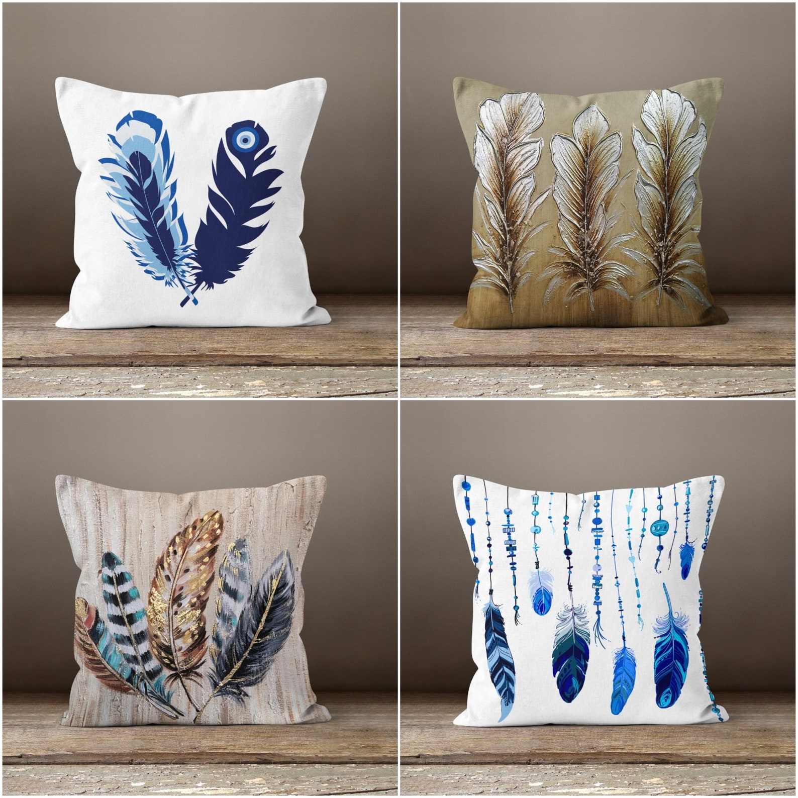 Feather Pillow Coverblue and Beige Feather Cushion Etsy UK