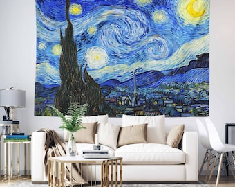 Starry Night by Van Gogh Wall Tapestry|Vincent Van Gogh Tapestry|Landscape Wall Hanging Art|Sky View Tapestry|Masterpiece Fabric Wall Art