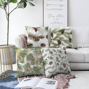 Set di 4 federe per cuscini invernali/Decorazione per la casa con aghi di pino natalizi/Fodera per cuscino con stampa di pigne/Cuscino invernale verde e marrone