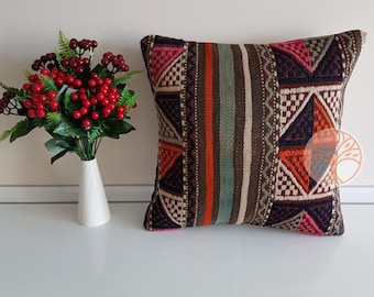 Vintage Kilim Pillow Cover|Turkish Kilim Pillow Cover|Eclectic Anatolian Throw Pillow Cover|Boho Bedding Decor|Handwoven Ottoman Rug 16x16