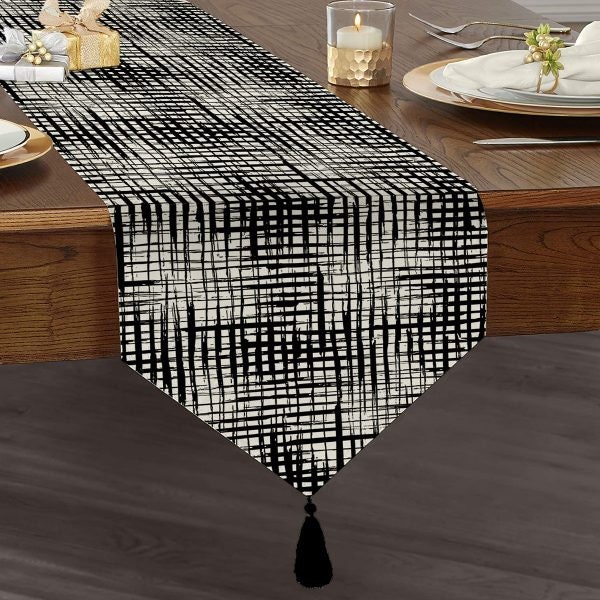KnBoB Katoen linnen beige grijs geometrisch puzzelpatroon met kwasten