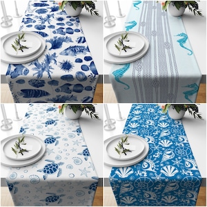 Camino de mesa con diseño de casa de playa, decoración de cocina con peces, mantel náutico decorativo, decoración del hogar con caballitos de mar, mantel con estampado de tortugas marinas, camino de mesa costero
