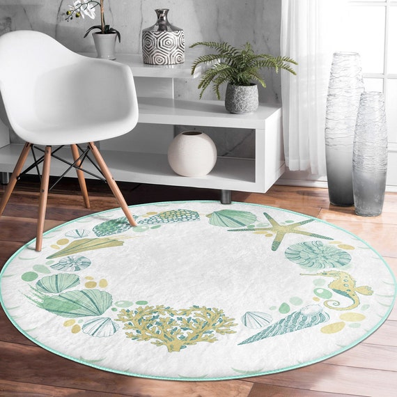 Beach House Round Rug|non-slip Round Carpet|beige Turquoise