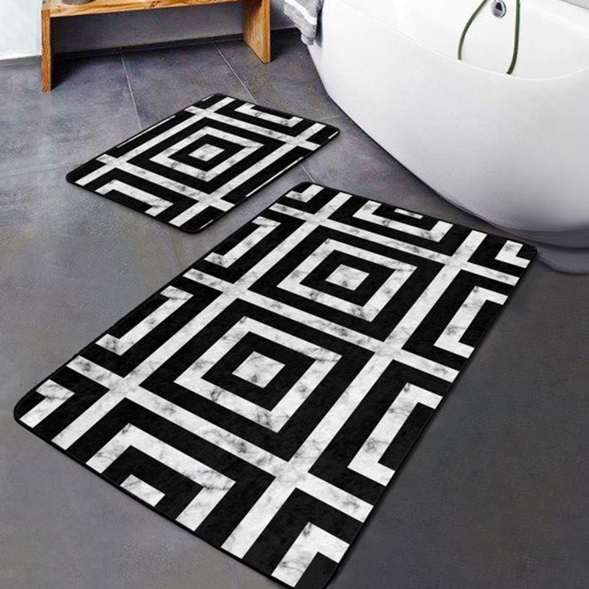Set of 2 Geometric Bath Mat|non-slip Bathroom Decor|black
