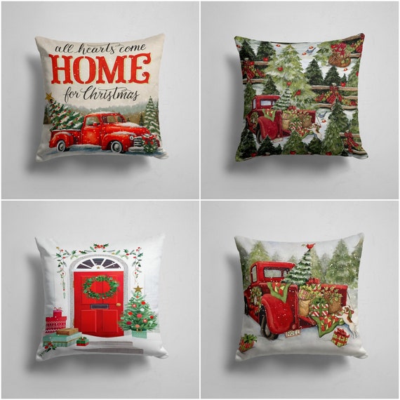 Christmas Pillow Covers 18x18 Set of 4 Merry Christmas Outdoor Pillow Cases  Let It Snow Deer Holiday Decorations Red Truck Xmas Throw Pillows